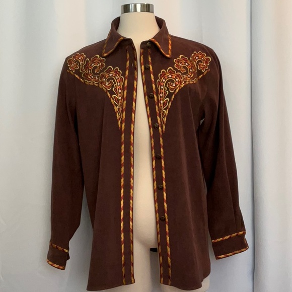 NWT Bob Mackie Wearable Art Embroidered Brown Long Sleeve Shirt Women Size L - Picture 4 of 10